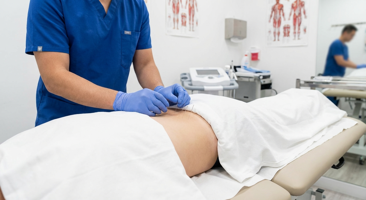 Acupuncture treatment applied to the lower back and coccyx area