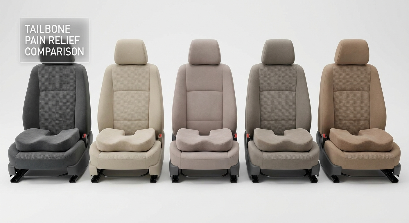 Five coccyx cushions placed on different car seats for comparison testing, showing various sizes and cutout designs