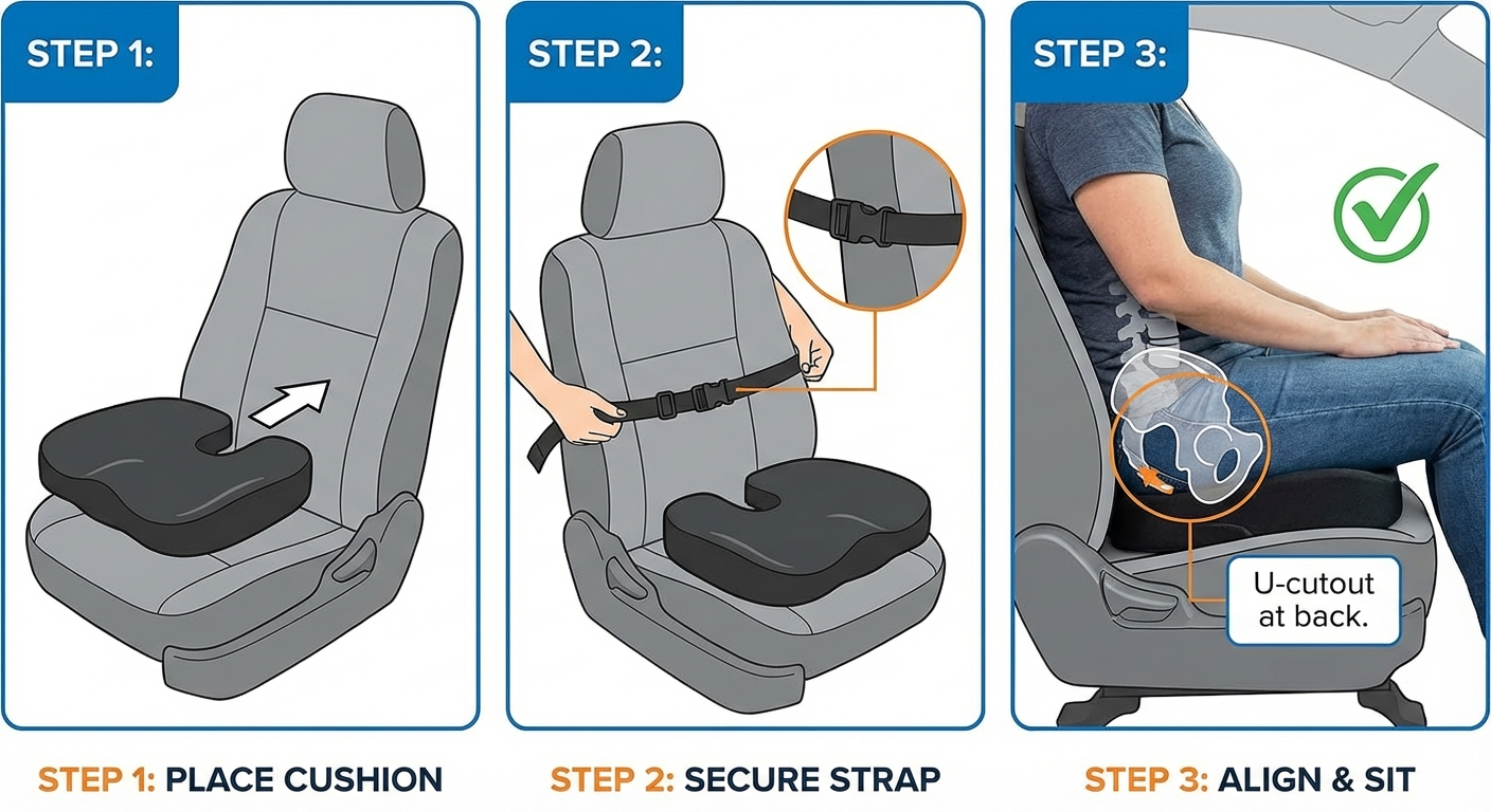 Step-by-step installation of a coccyx cushion in a car seat showing strap attachment and proper U-cutout positioning