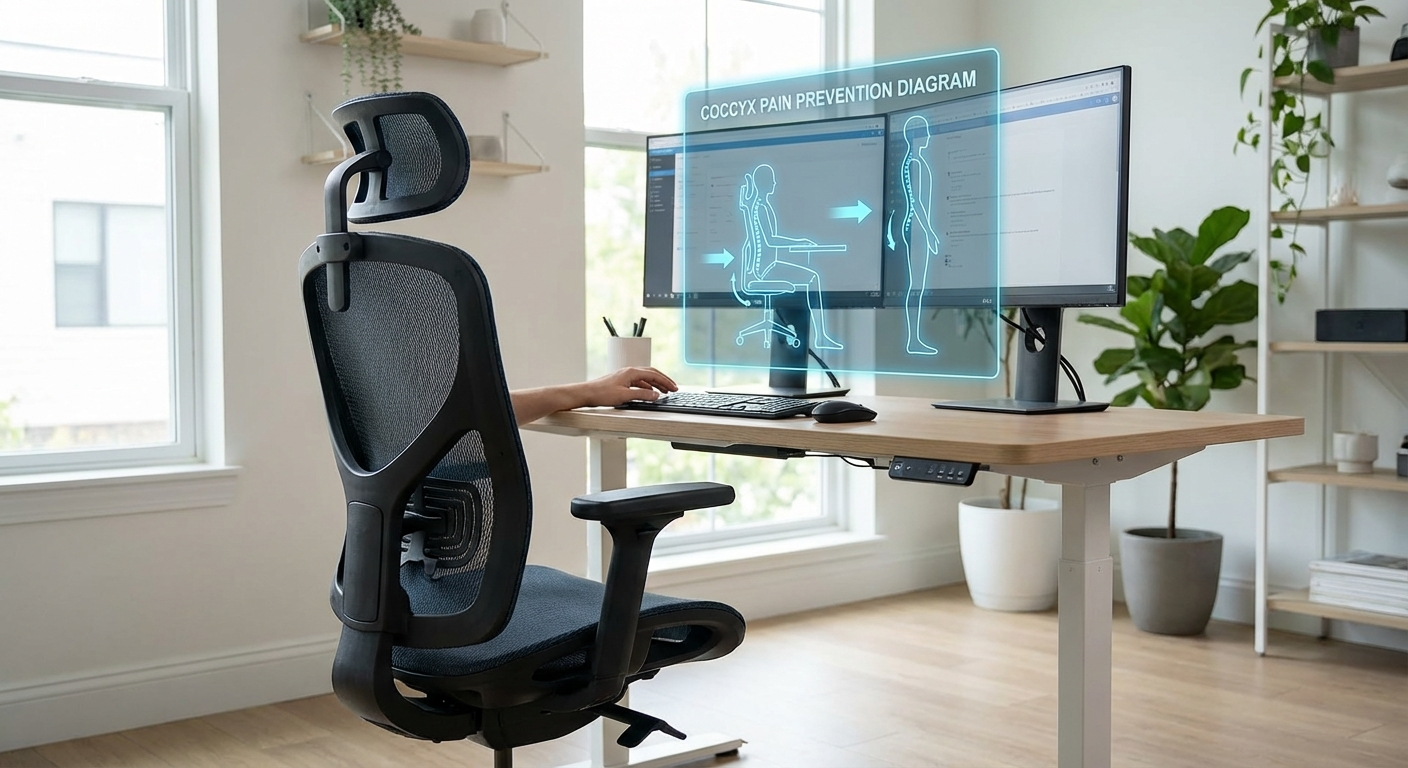 Ergonomic office workspace setup showing correct chair position for coccyx pain prevention