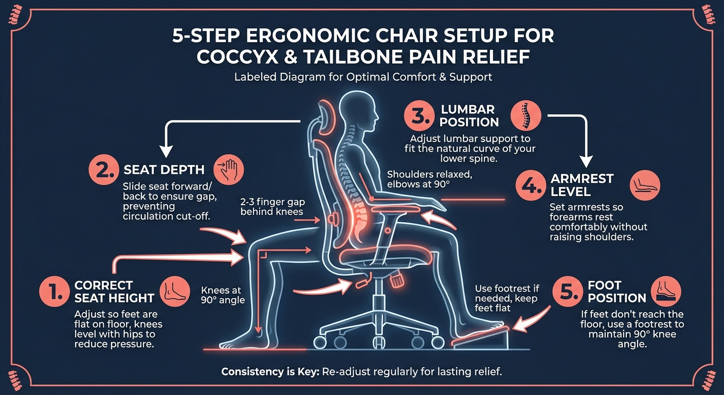 Infographic: correct sitting posture guide for coccyx pain relief in an ergonomic office chair