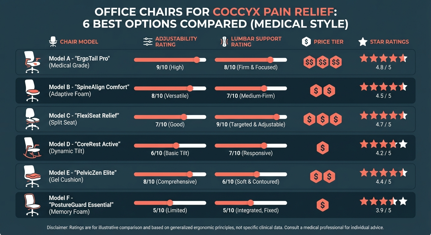 Infographic comparing the best office chairs for coccyx pain — features, prices and expert ratings