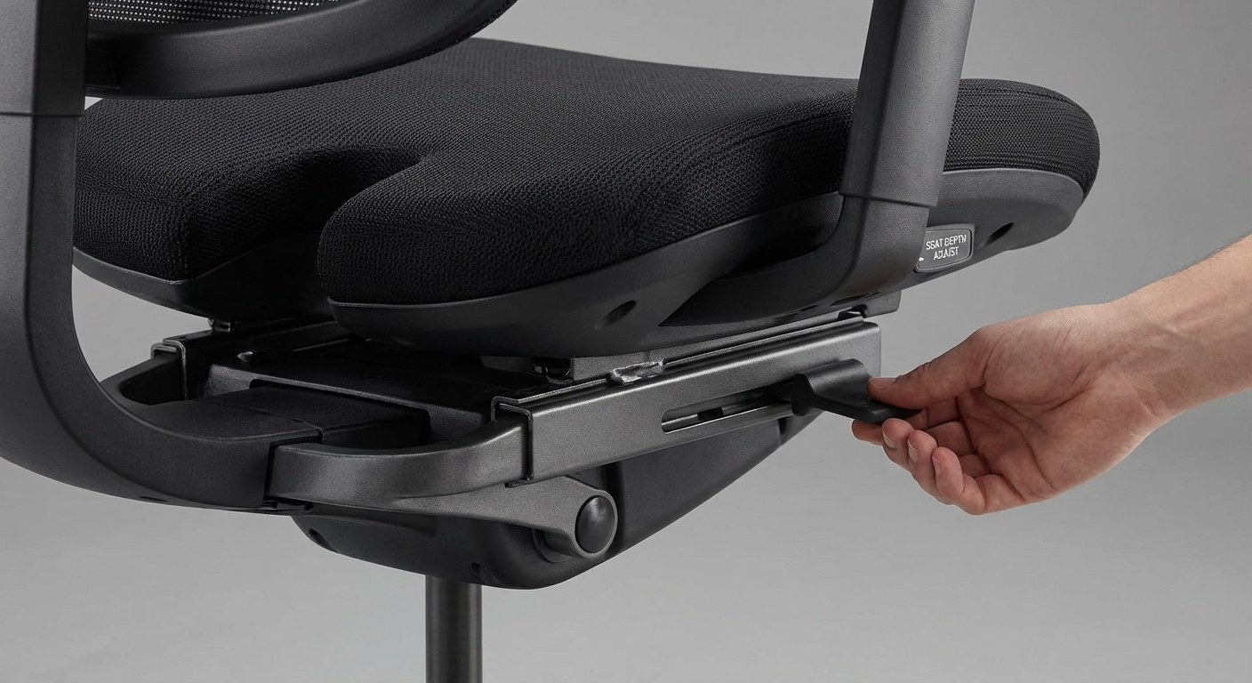 Close-up of ergonomic office chair seat depth adjustment mechanism for coccyx pain relief