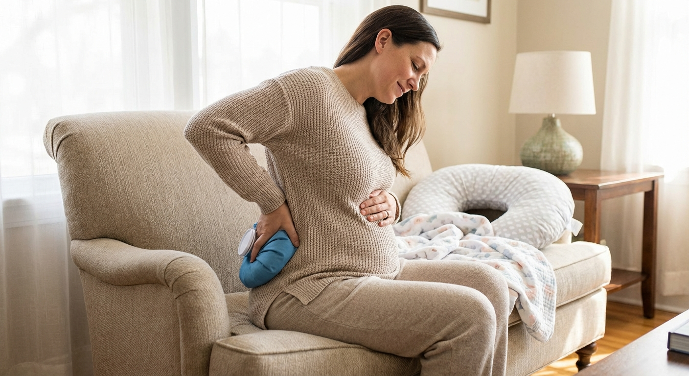 Applying an ice pack wrapped in cloth to the coccyx area for postpartum tailbone pain relief