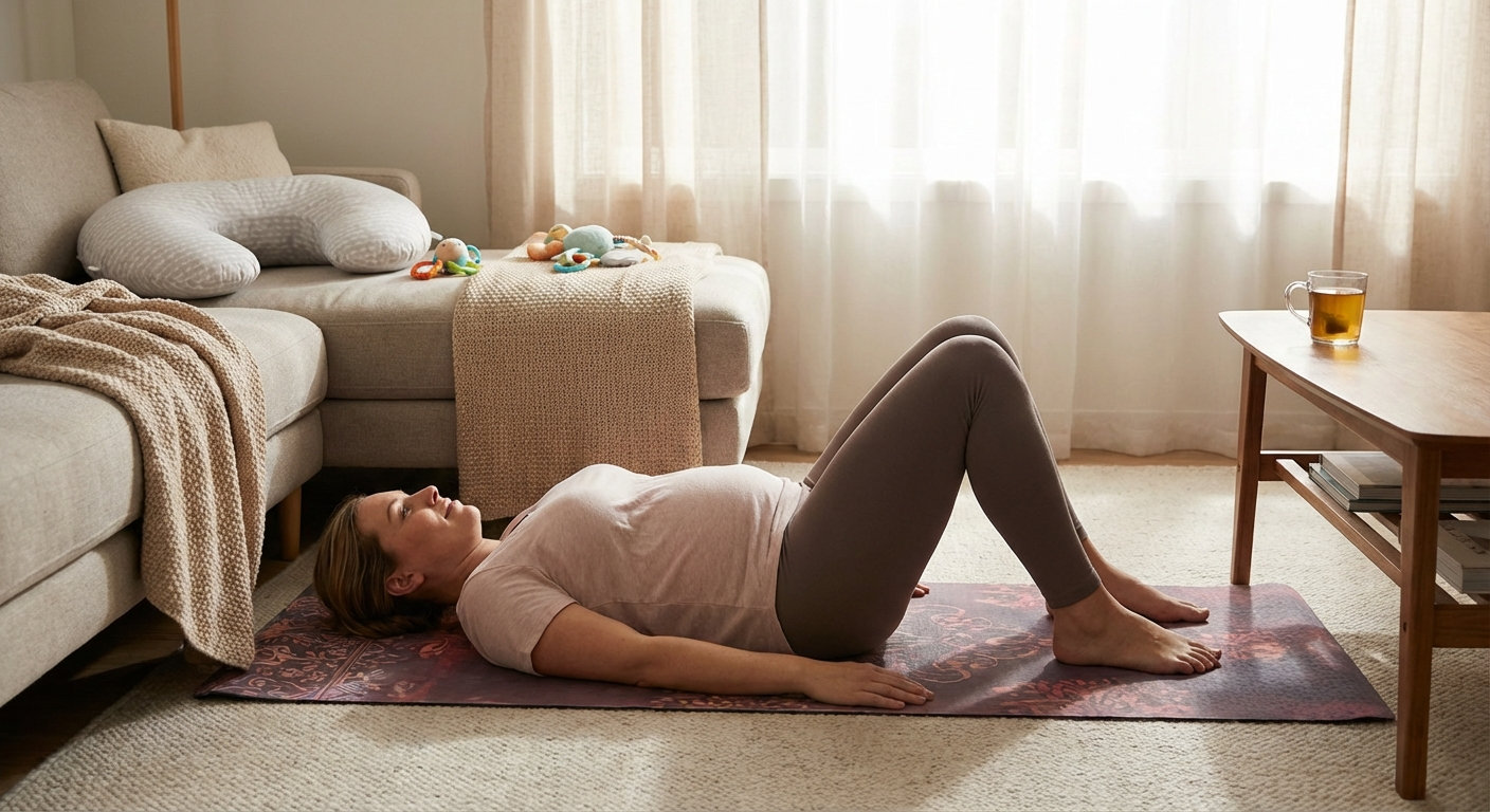 Woman doing gentle pelvic floor exercises lying on a yoga mat postpartum — Kegel exercise technique