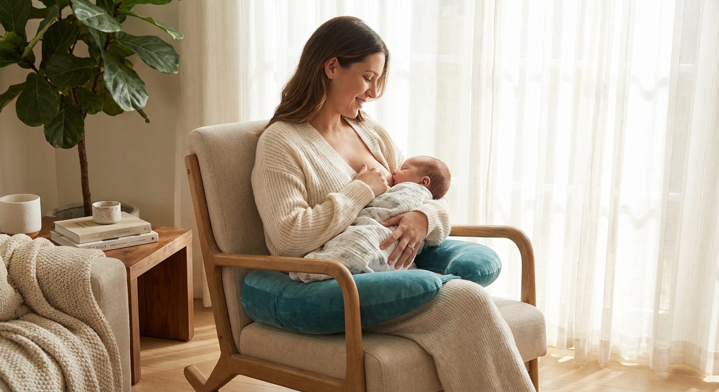 New mother using a U-shaped coccyx relief cushion while breastfeeding her newborn