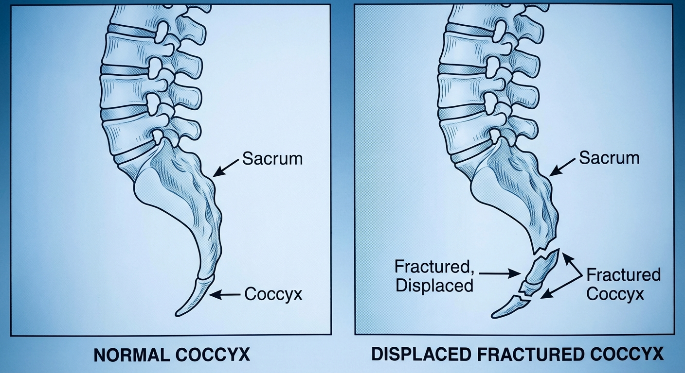 Medical illustration showing normal coccyx versus displaced fractured coccyx anatomy
