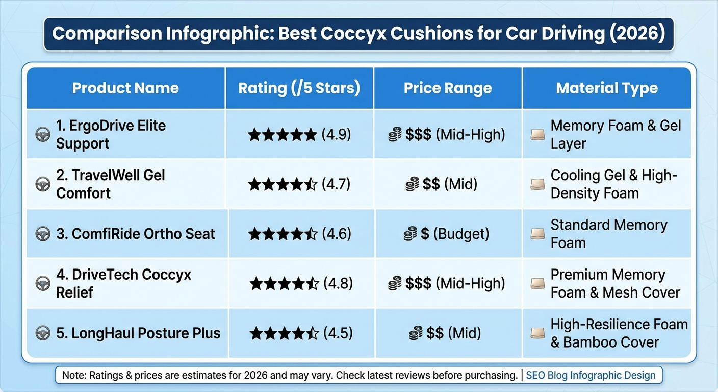 Comparison chart of top 5 coccyx cushions for car driving 2026 — ratings, price, and material