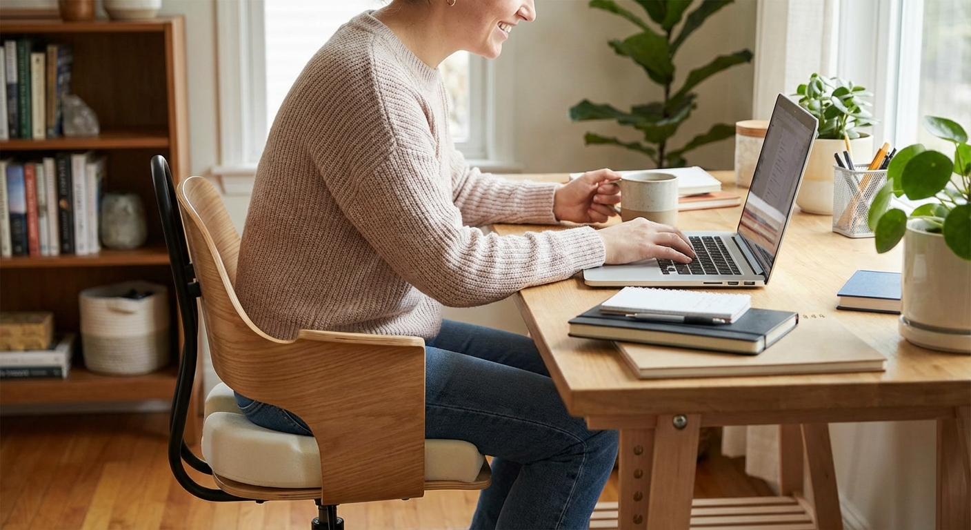 Person sitting comfortably at a desk using a coccyx relief cushion