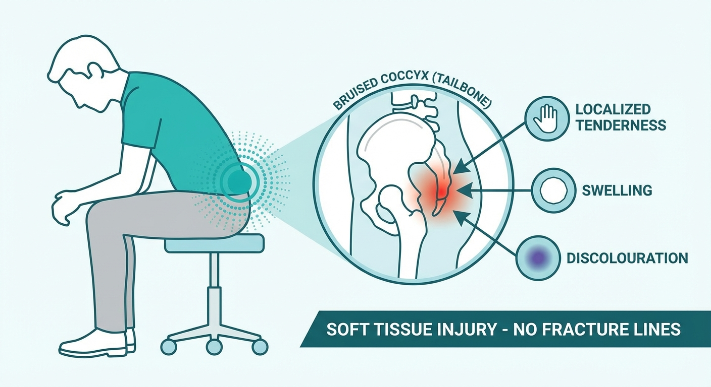 Illustration showing bruised coccyx symptoms including swelling and discolouration around the tailbone