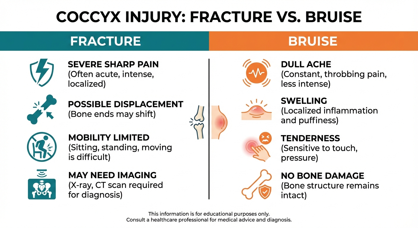 Infographic comparing symptoms and recovery for fractured versus bruised coccyx injuries