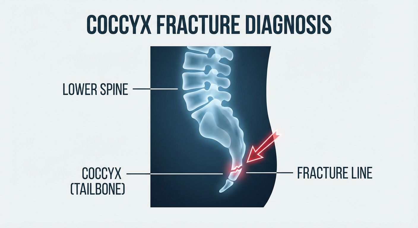 X-ray image showing a coccyx fracture with visible break in the tailbone