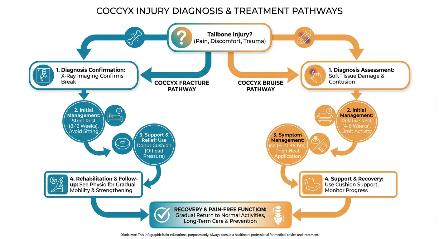 Visual guide infographic showing fracture versus bruise differences in coccyx injuries with diagnostic and treatment pathways