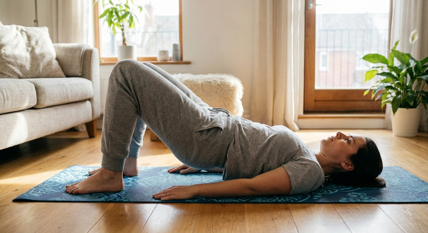 Person performing a pelvic tilt exercise on a yoga mat for coccyx pain relief