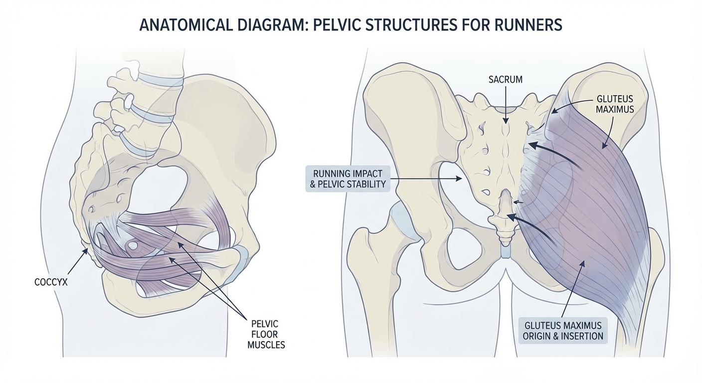 Anatomical diagram showing the coccyx, sacrum, pelvic floor muscles and gluteus maximus attachment points relevant to runners