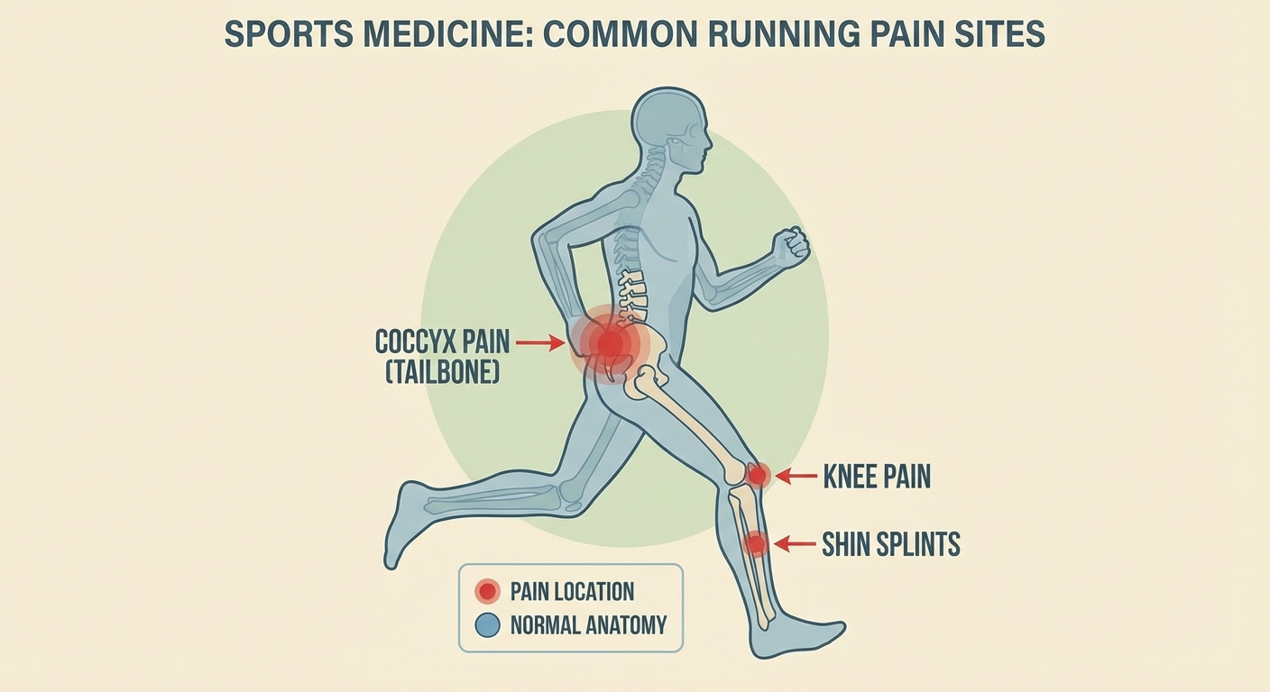 Illustration showing the exact location of coccyx pain in runners vs other common running pain sites