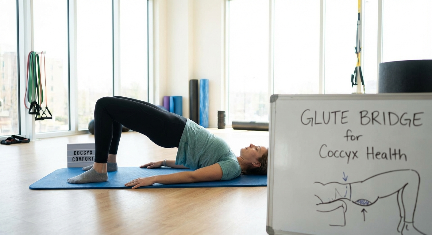 Person performing a glute bridge exercise for coccyx pain prevention in runners