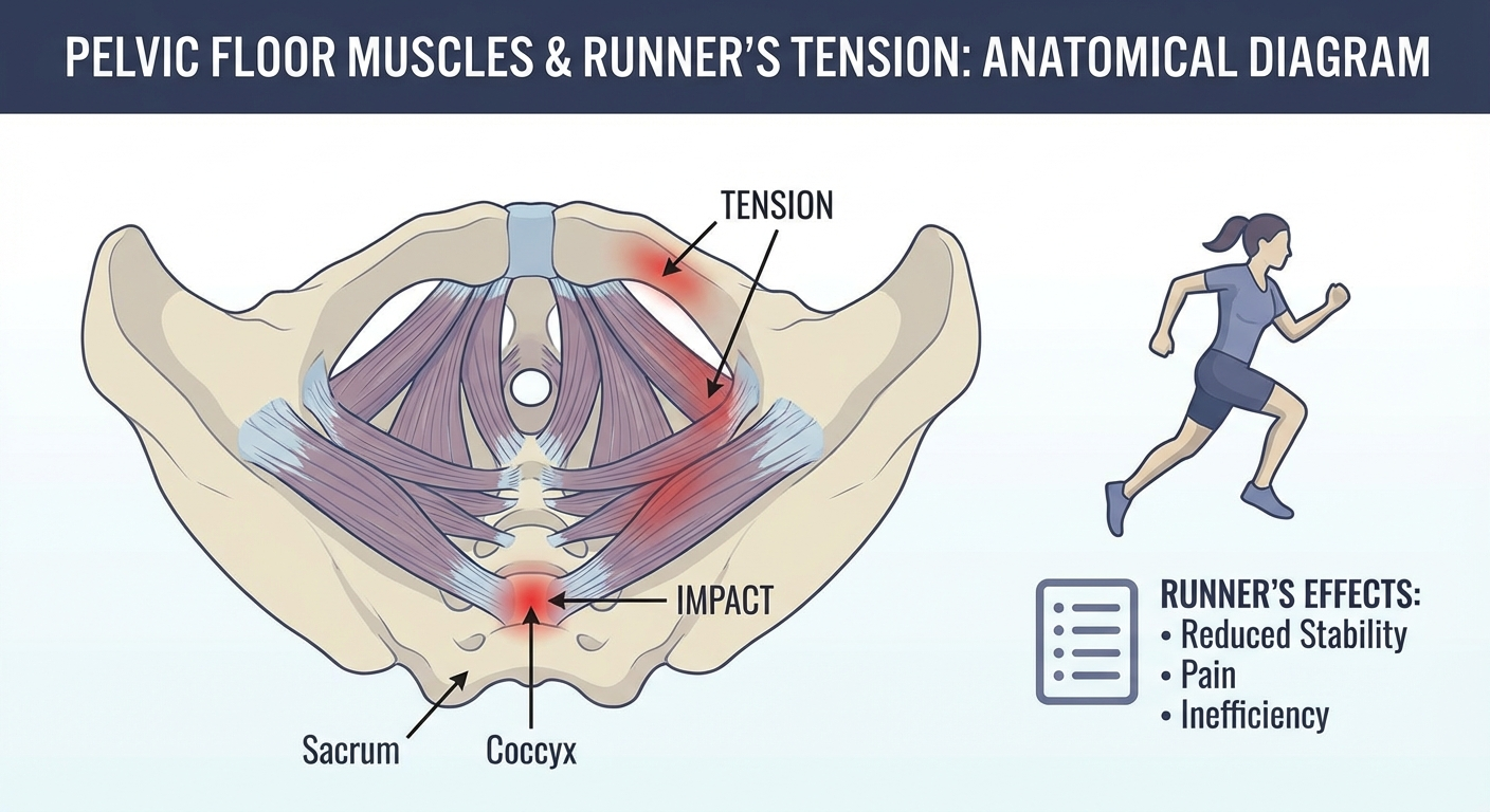 Diagram showing pelvic floor muscles attaching to the coccyx and how tension affects runners