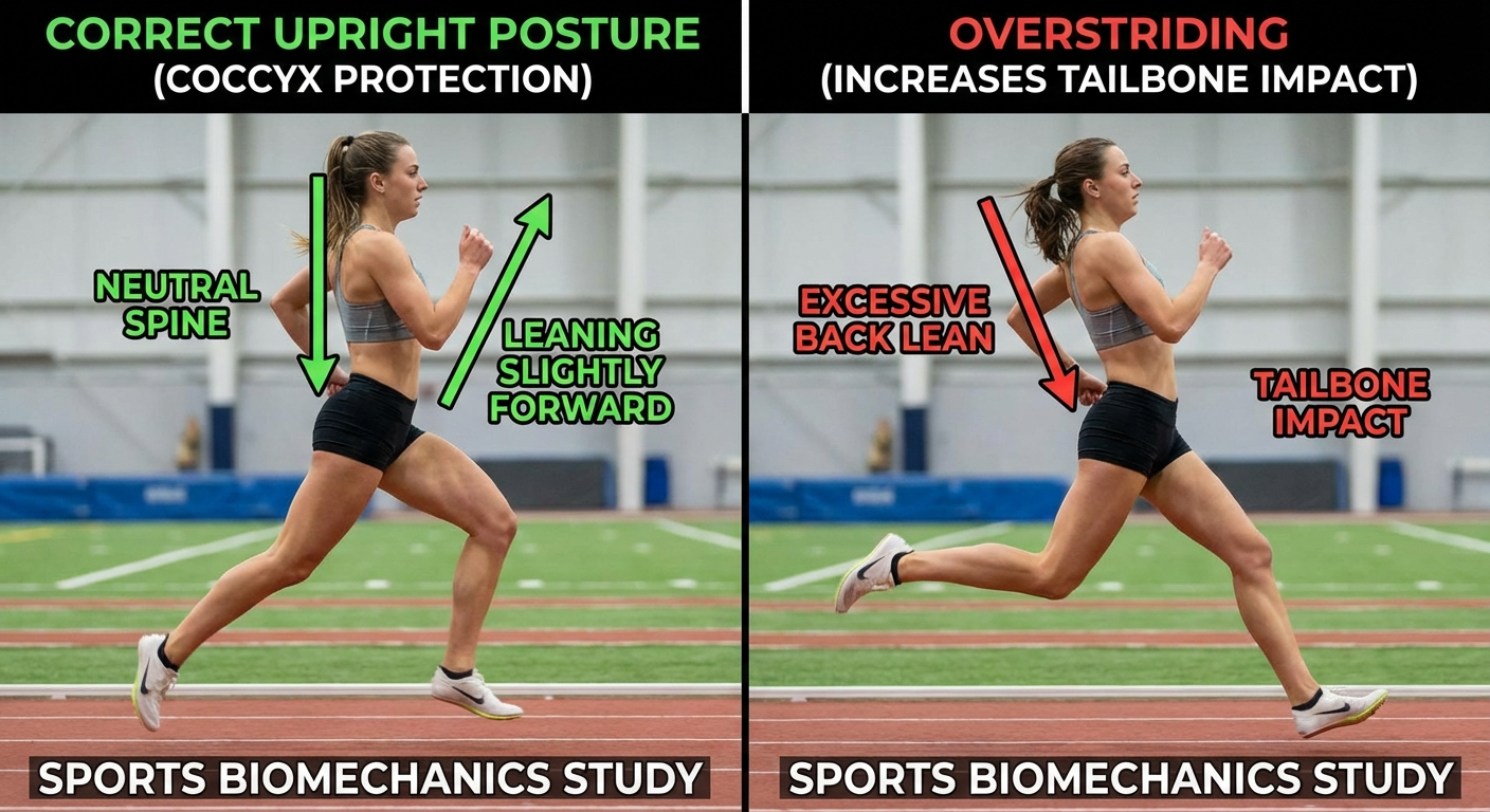 Side-by-side comparison of running form showing correct posture for coccyx protection versus overstriding that increases tailbone impact