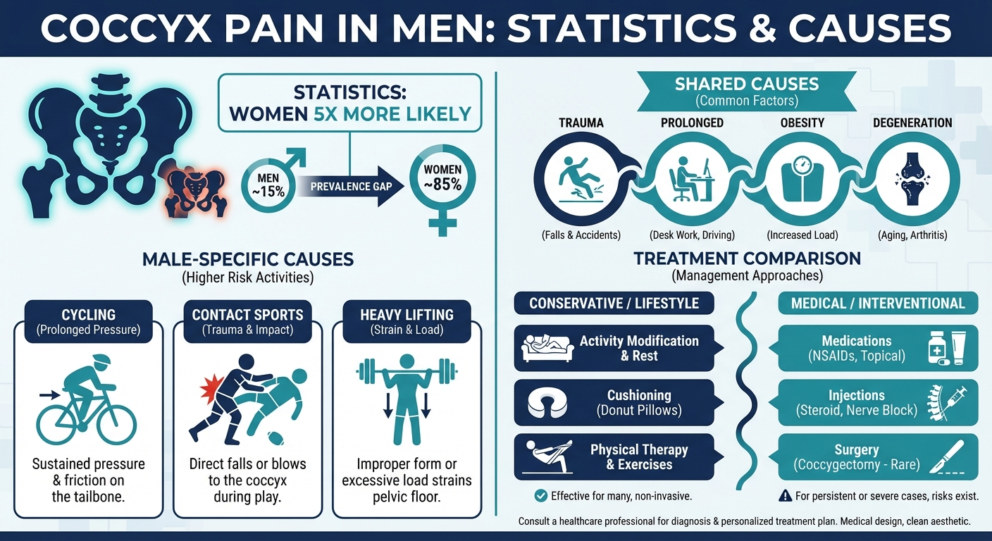 Coccyx pain in men — statistics, causes and treatment comparison infographic