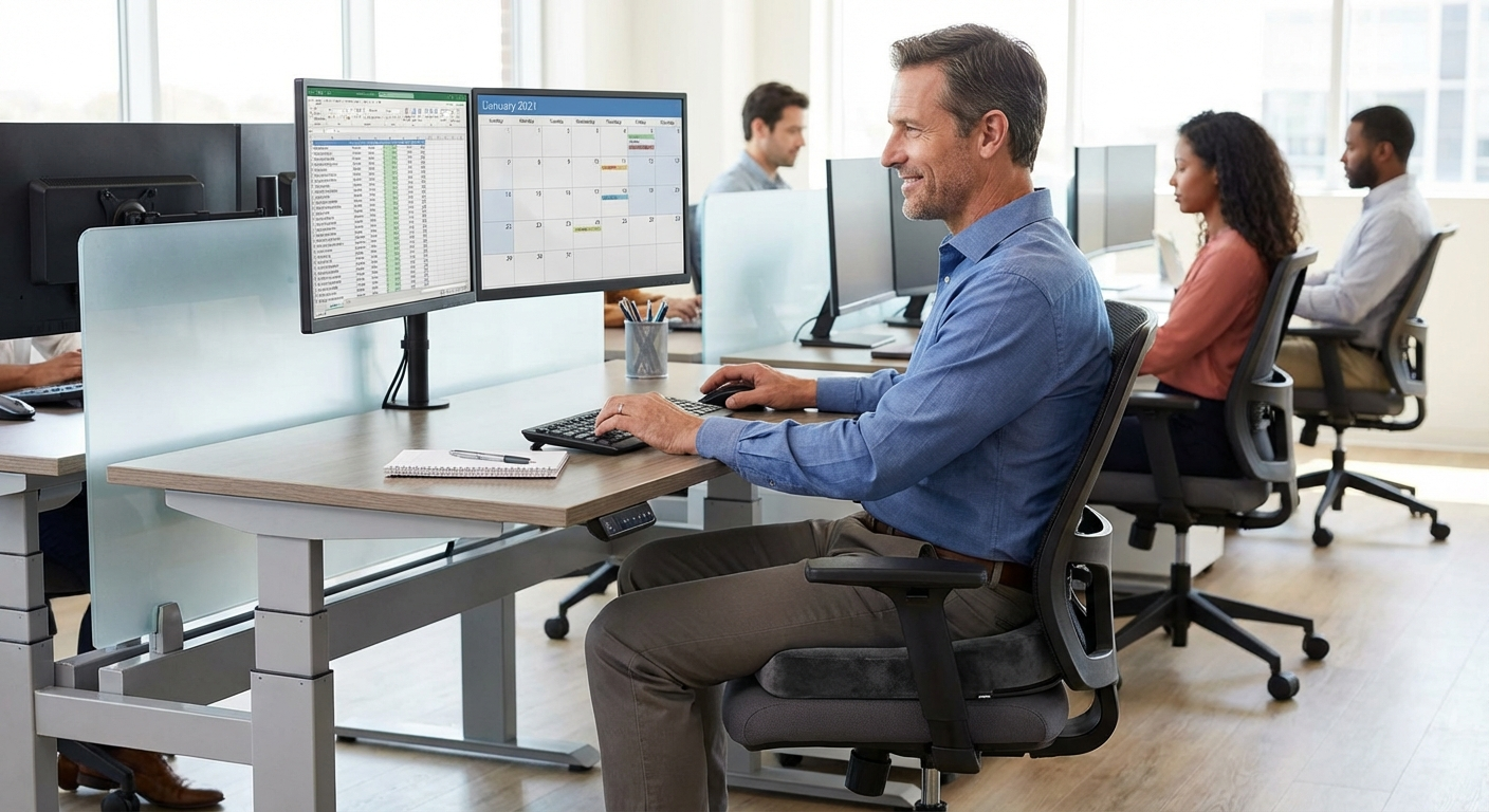 Male office worker sitting at ergonomic desk with coccyx cushion managing tailbone pain
