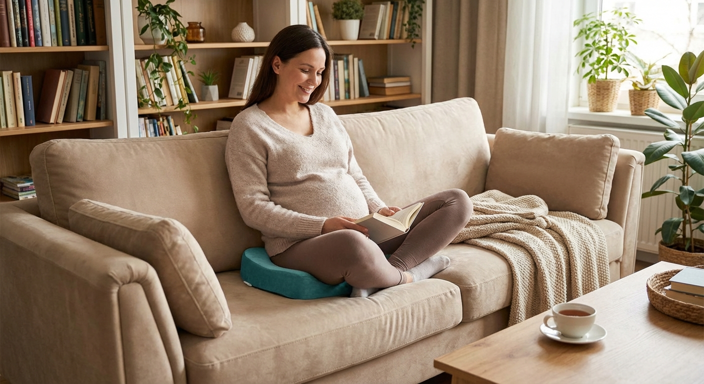 Pregnant woman in third trimester using a U-shaped coccyx cushion for comfort
