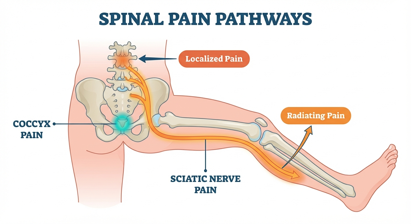 Spine anatomy diagram showing coccyx pain location versus sciatic nerve pain pathway