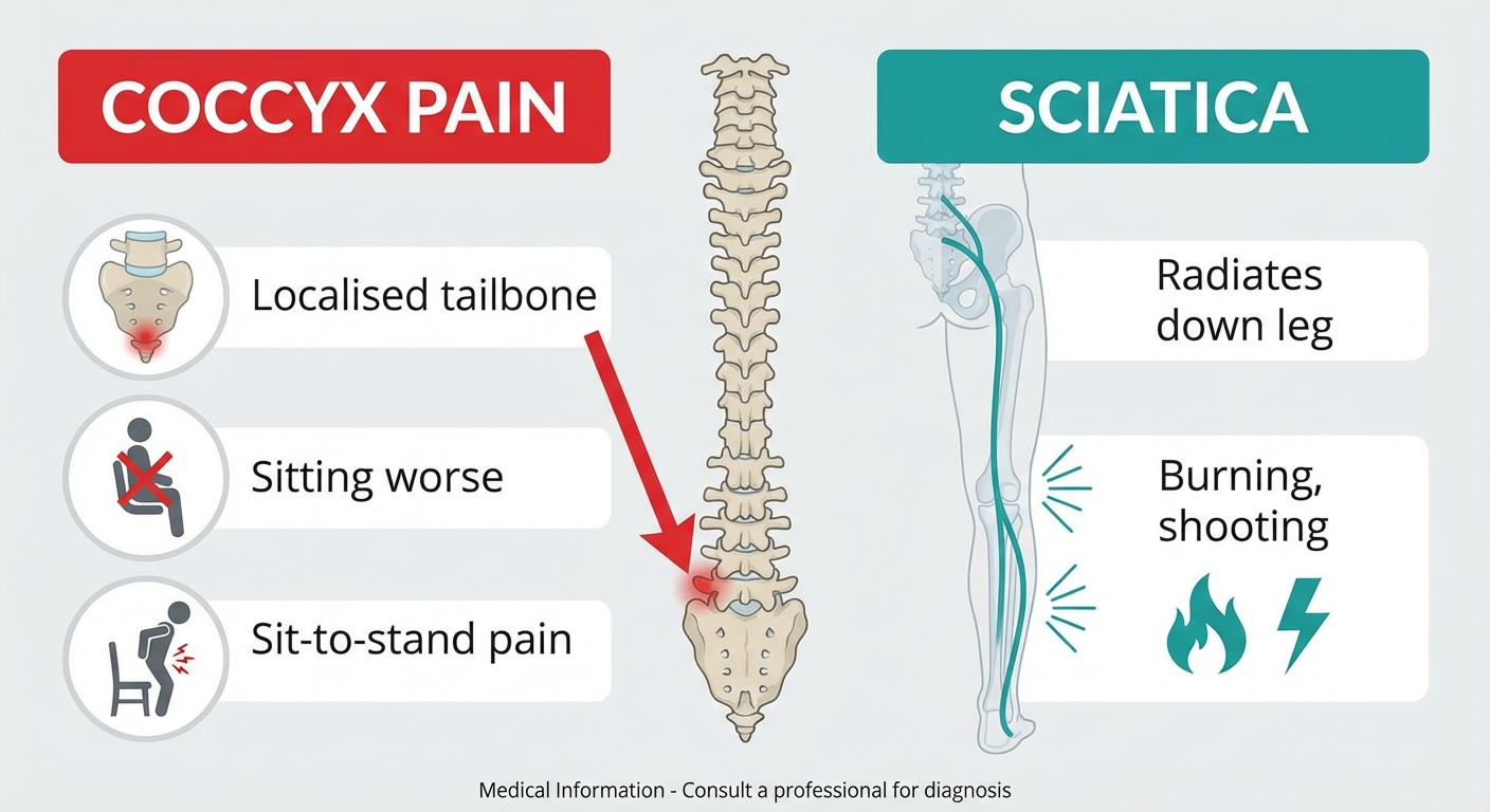 Coccyx pain vs sciatica comparison infographic — symptoms, location and triggers for each condition