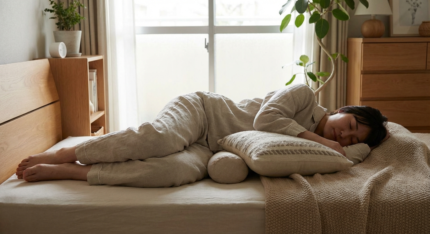 Person in comfortable side-sleeping position with pillow between knees for coccyx pain relief