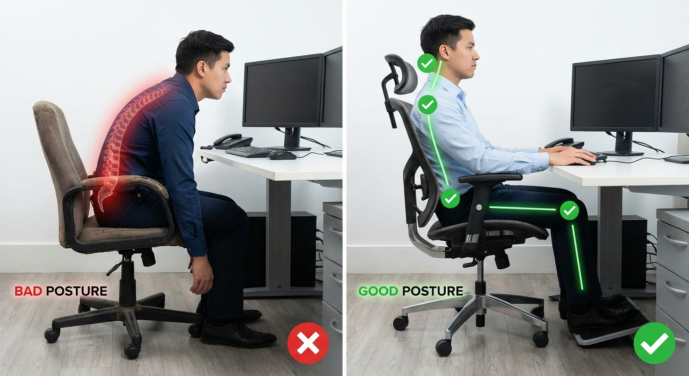 Bad sitting posture versus good ergonomic posture comparison for coccyx pain