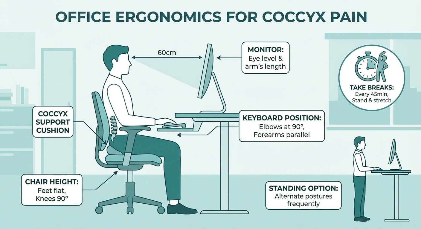 Office ergonomics setup guide for coccyx pain — workstation diagram with labeled adjustments