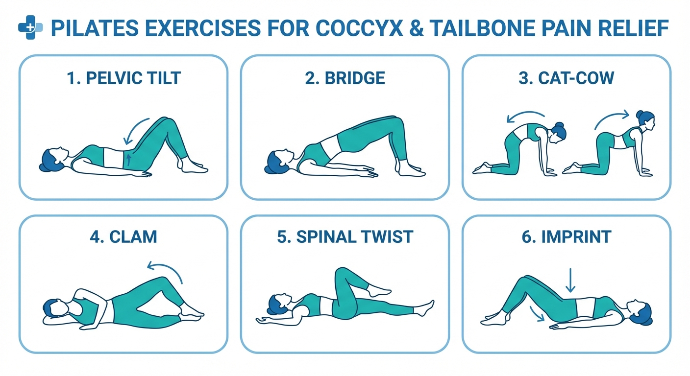 Infographic showing 6 safe Pilates exercises for coccyx pain with step-by-step instructions