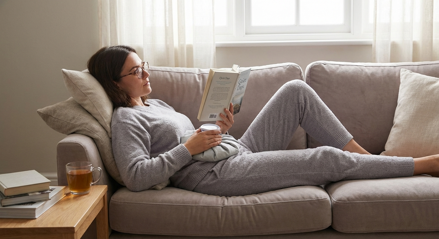 Patient resting at home after coccyx surgery with ice pack on lower back in calm recovery setting