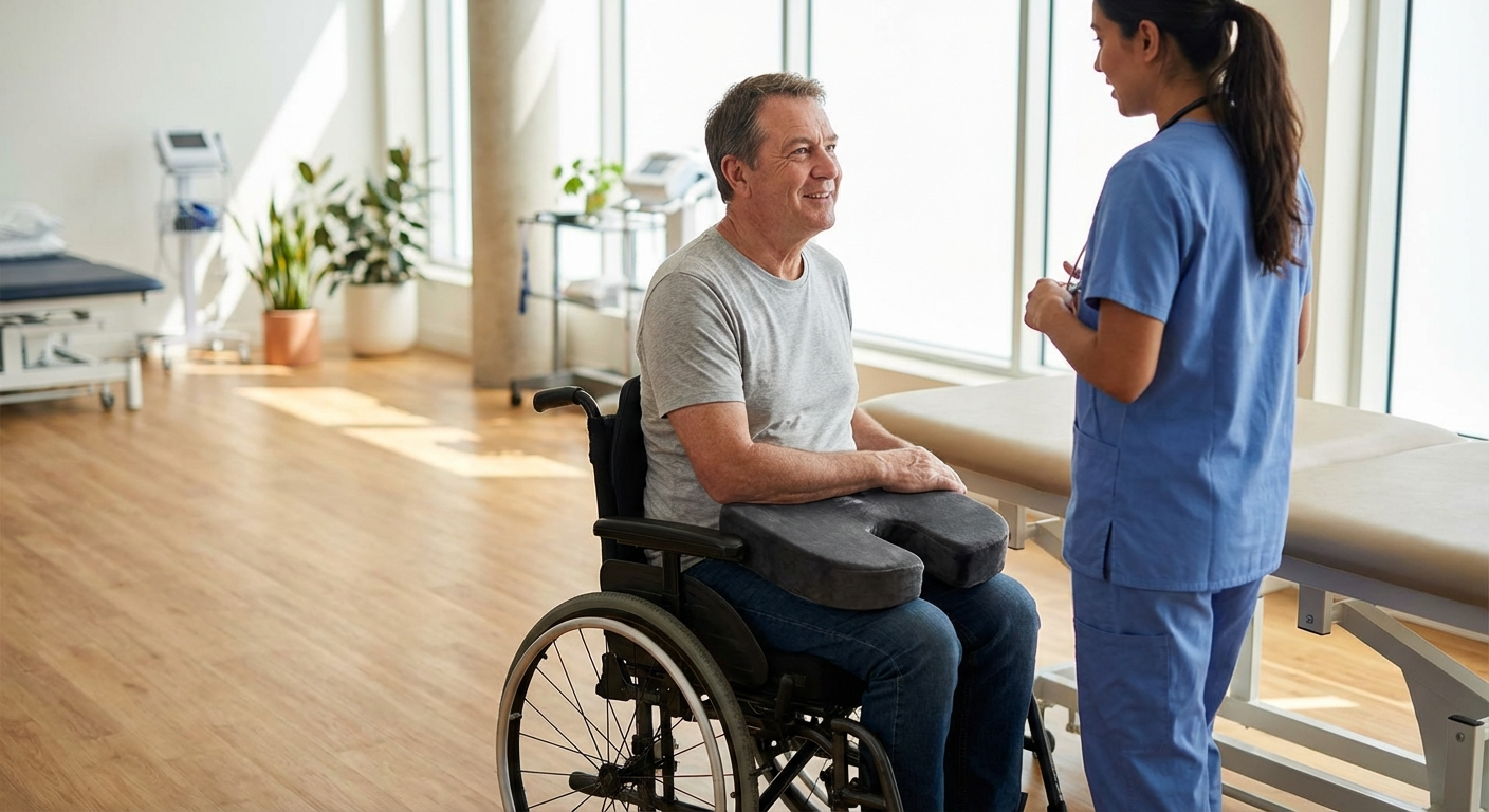 Wheelchair user with coccyx cushion providing tailbone relief