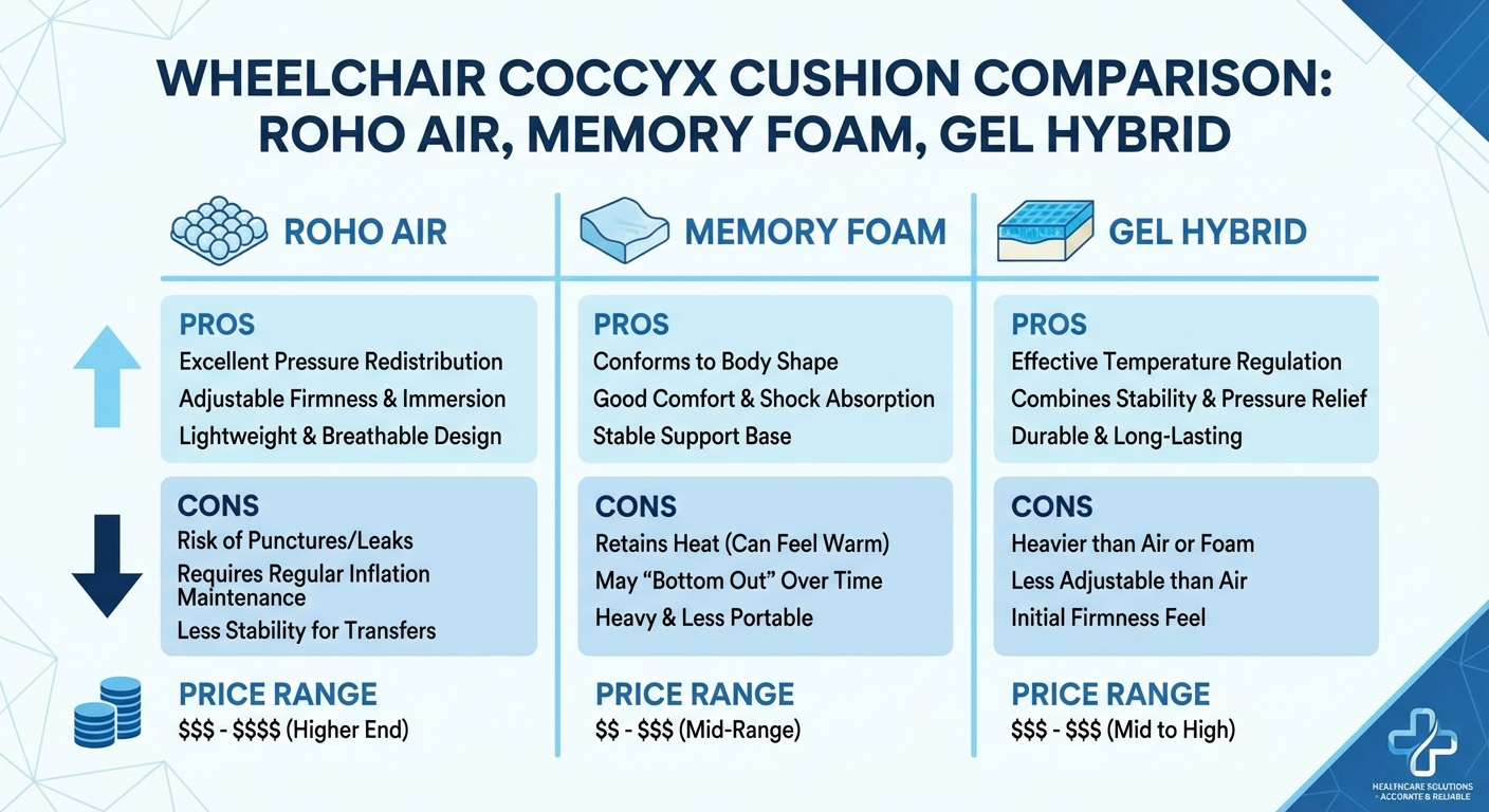 Wheelchair coccyx cushion comparison chart showing types, materials and best use cases
