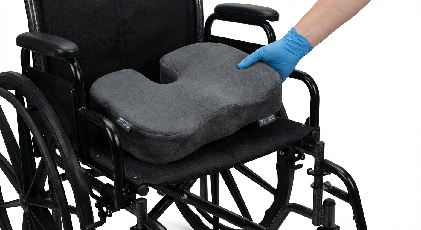 Correct positioning of coccyx cushion in wheelchair seat