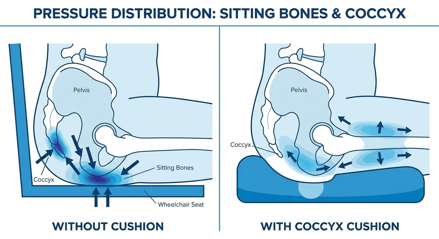 Diagram showing pressure distribution with coccyx cushion in wheelchair