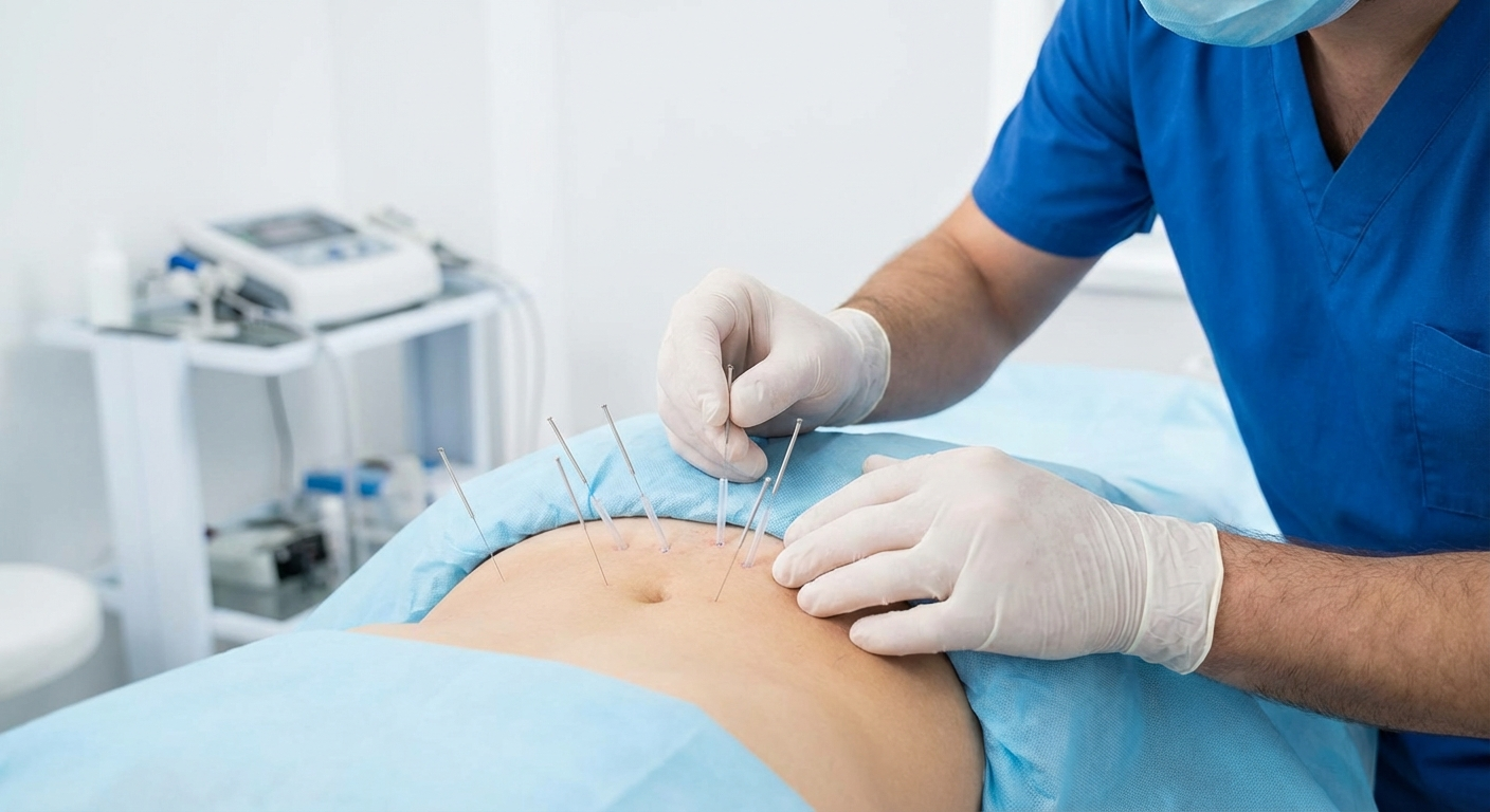 Medical professional performing acupuncture for coccyx pain treatment