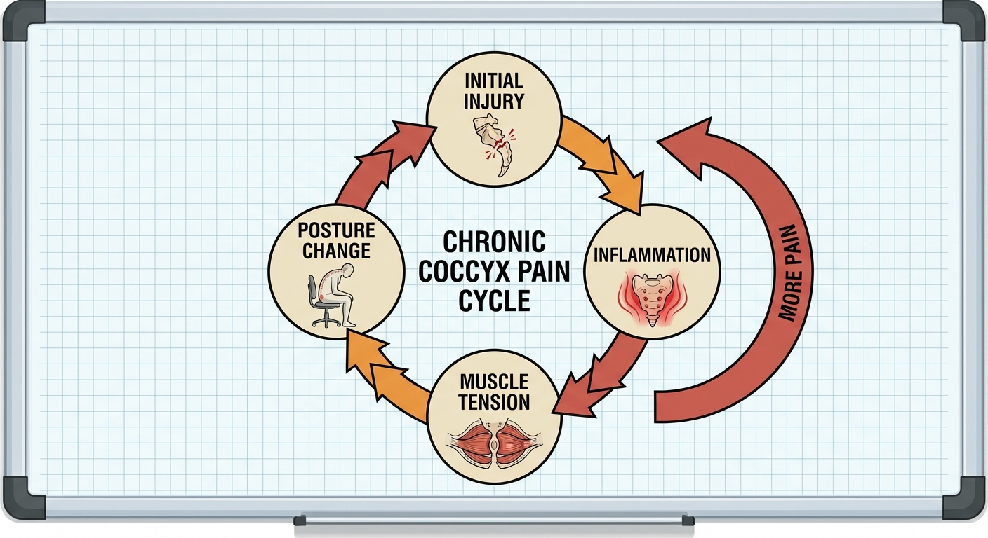 Medical diagram showing chronic coccyx pain cycle