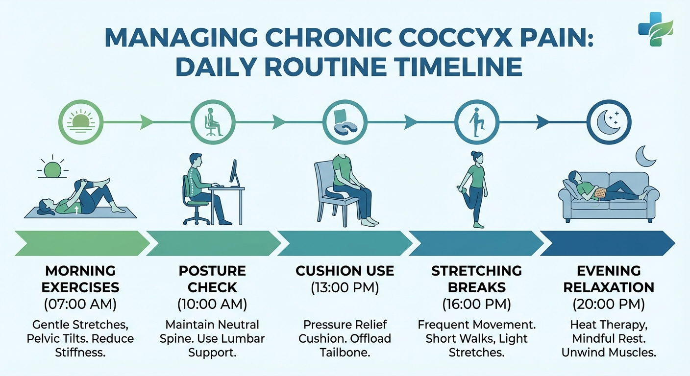 Daily and nightly routine for chronic coccyx pain management