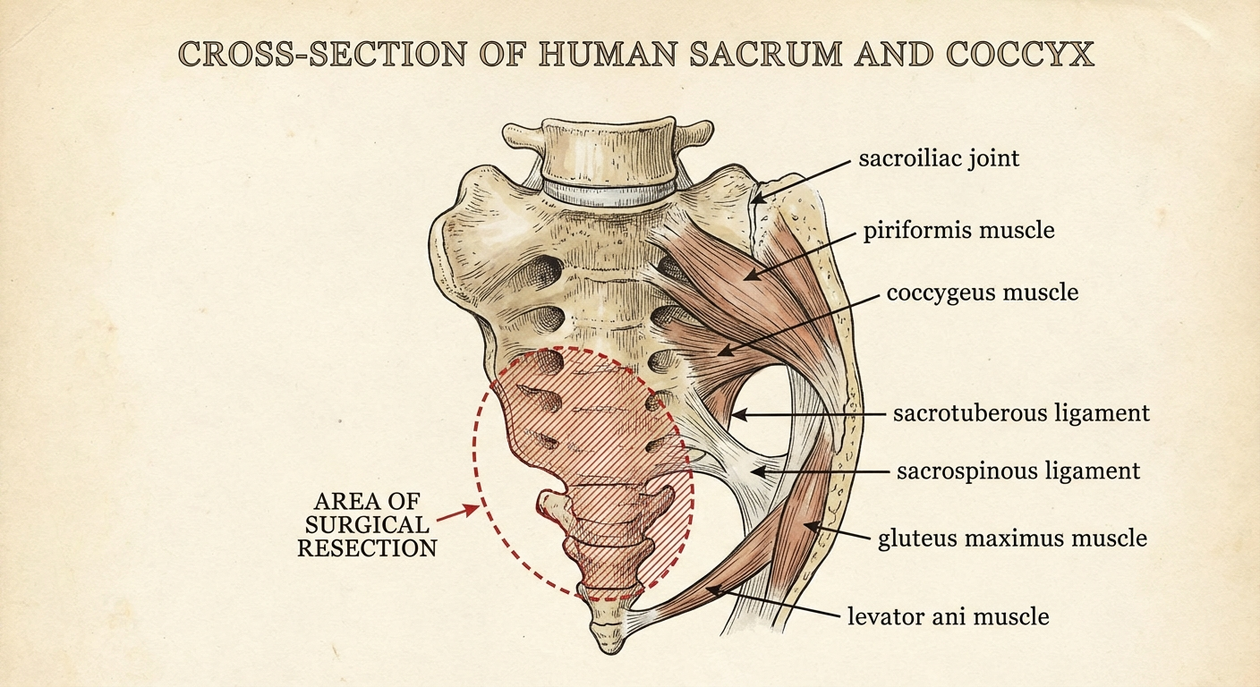 Anatomical cross-section of coccyx showing surgical removal area
