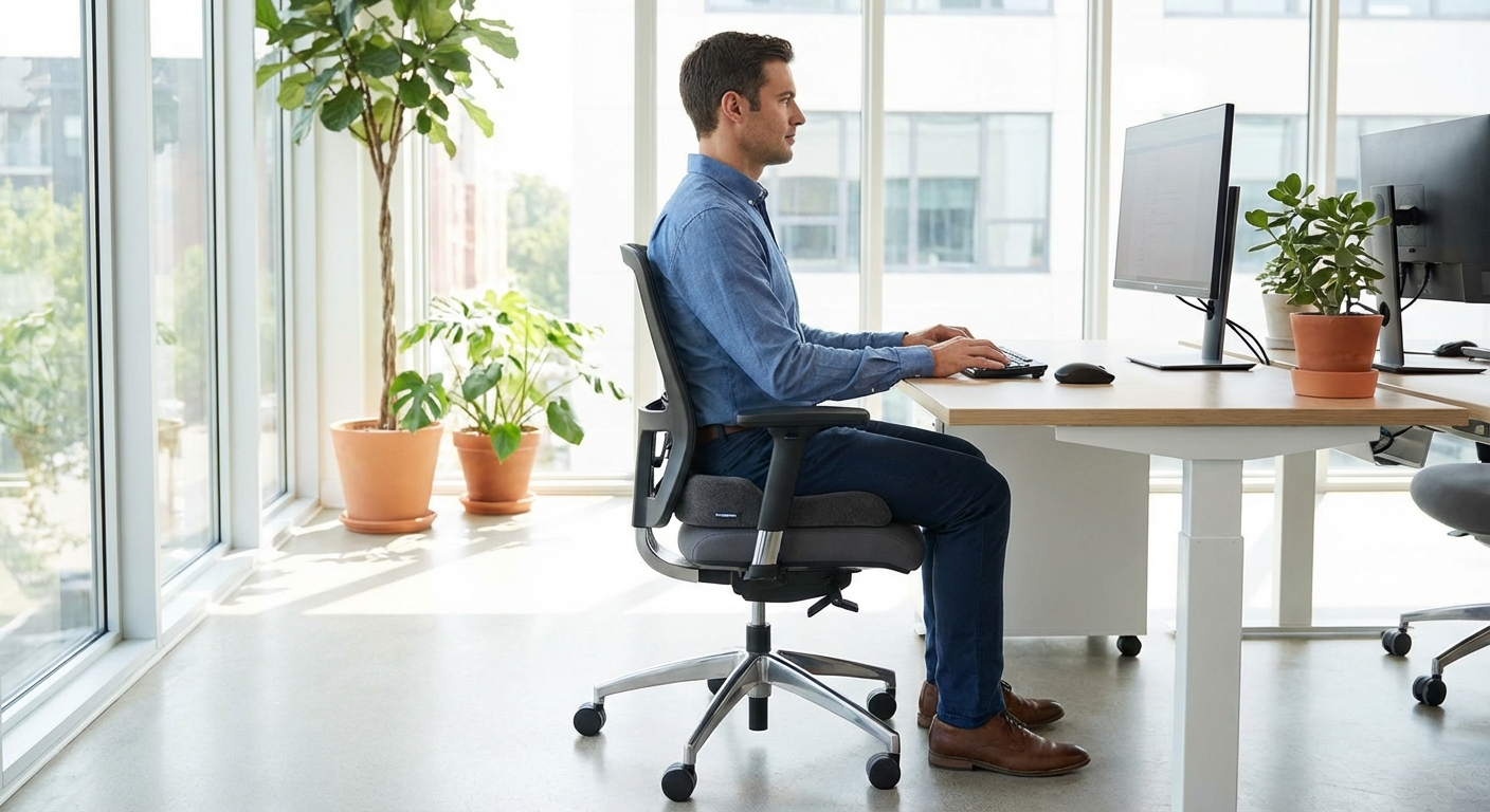 Man using coccyx cushion correctly at office desk