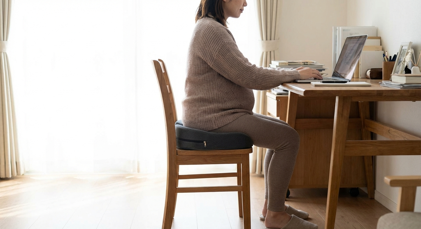 Pregnant woman sitting comfortably with coccyx cushion support