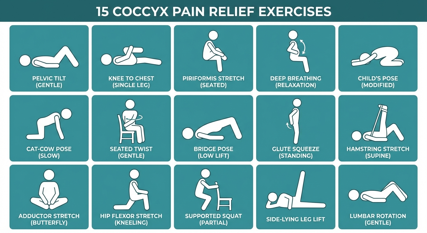 Infographic showing 15 approved coccyx pain exercises