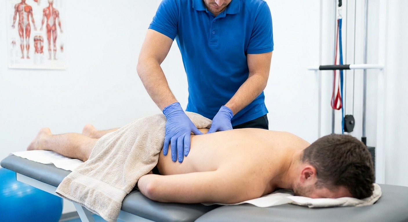 Physiotherapist performing manual therapy on coccyx area