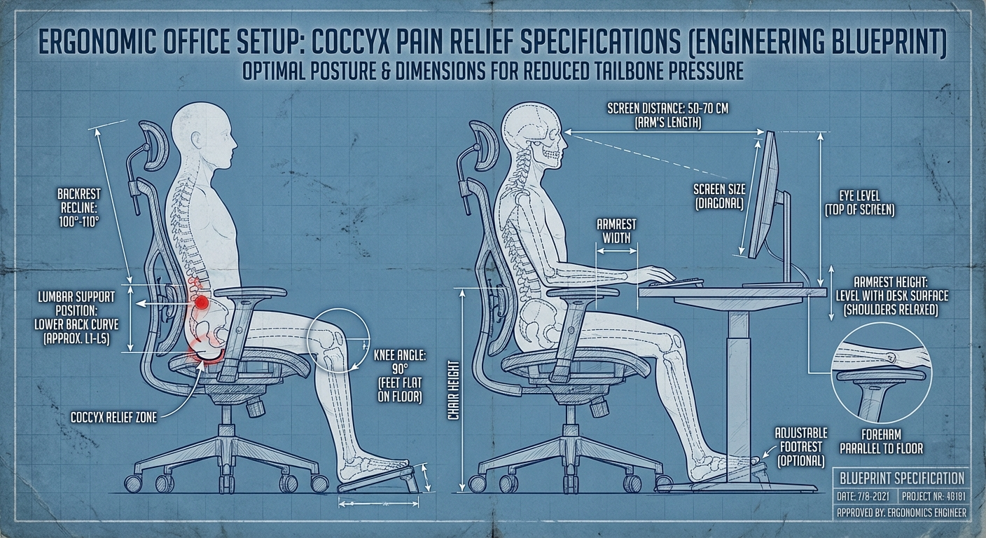 Infographic of office ergonomic measurements for coccyx pain