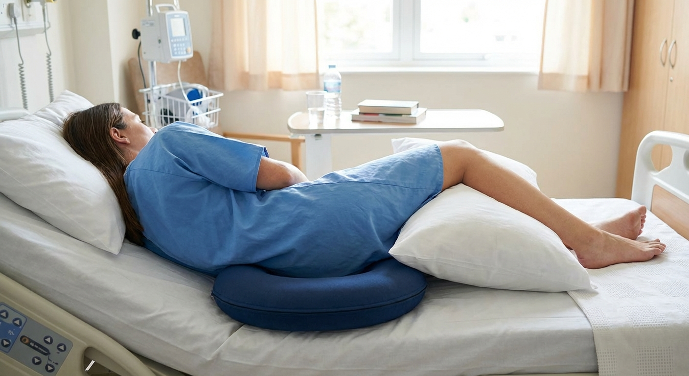 Patient in correct recovery position after coccyx surgery