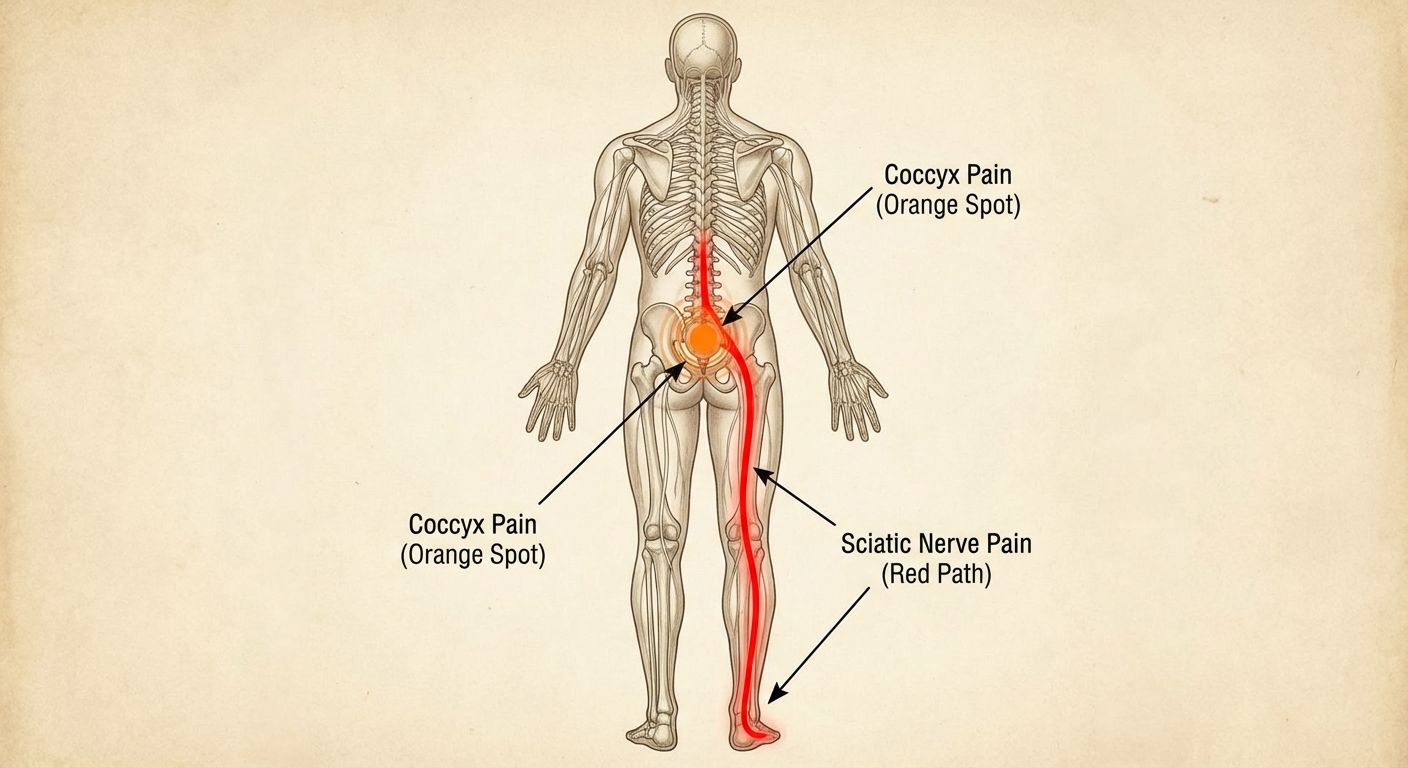 Medical diagram comparing sciatic nerve path versus coccyx pain location