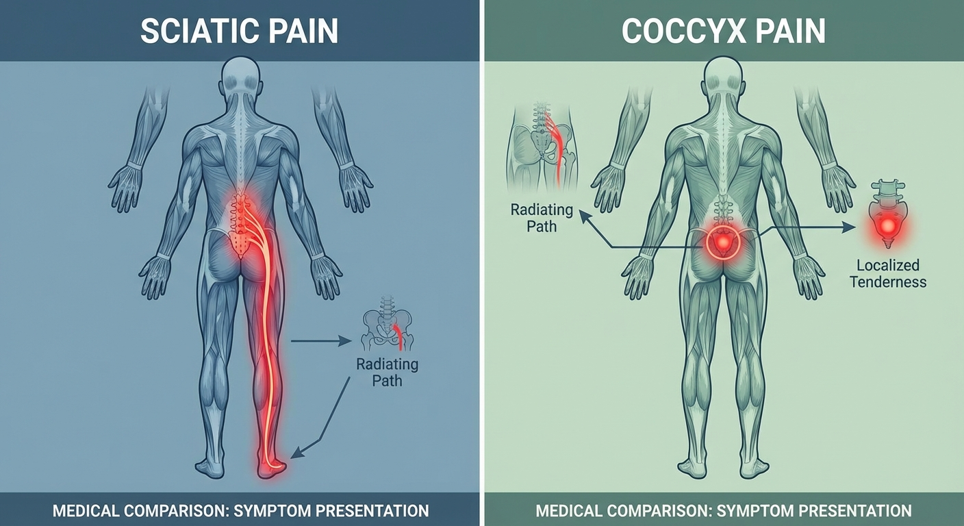 Side-by-side comparison of sciatica pain pattern versus coccyx pain pattern