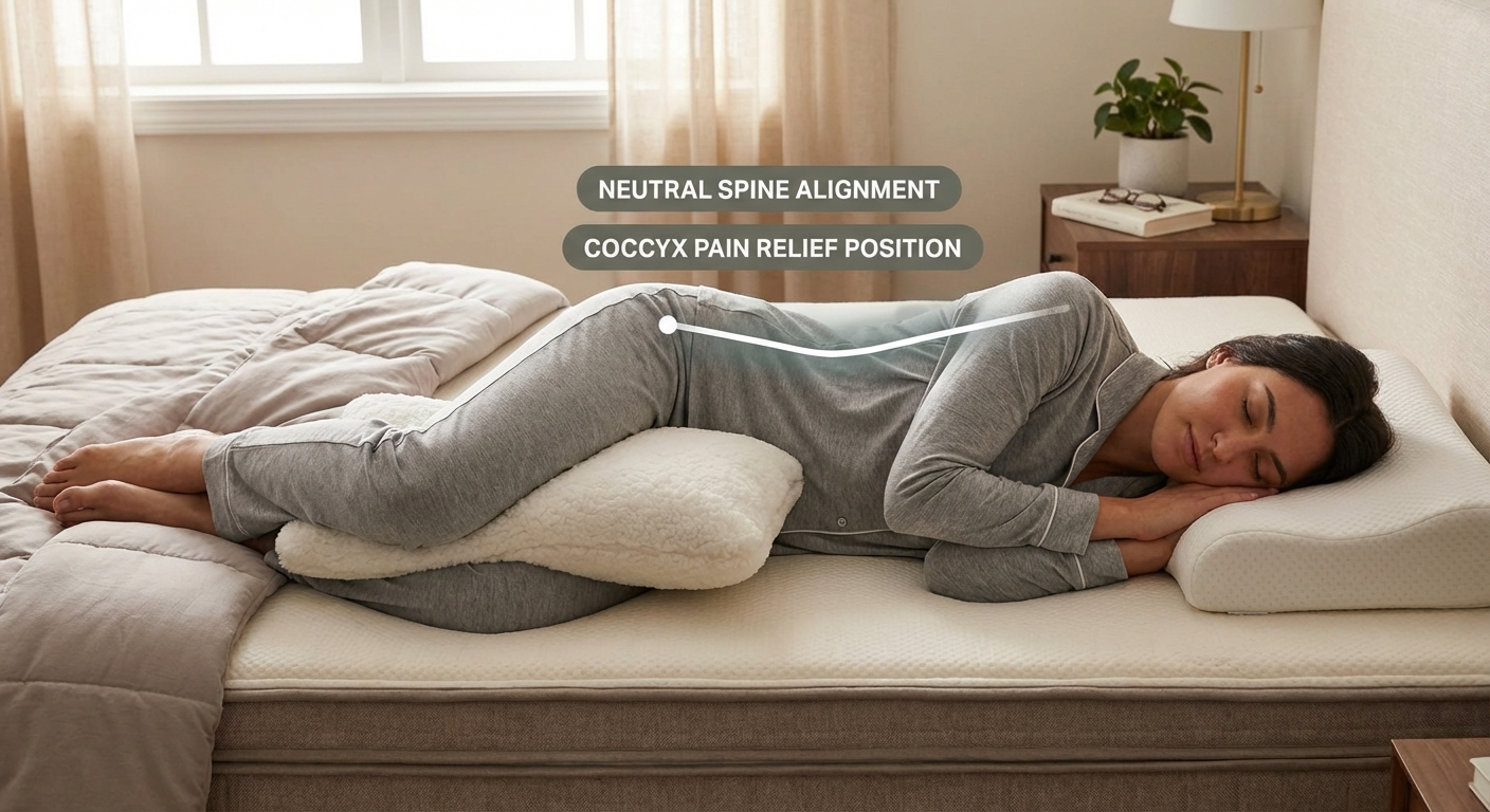 Person sleeping in correct side position for coccyx pain